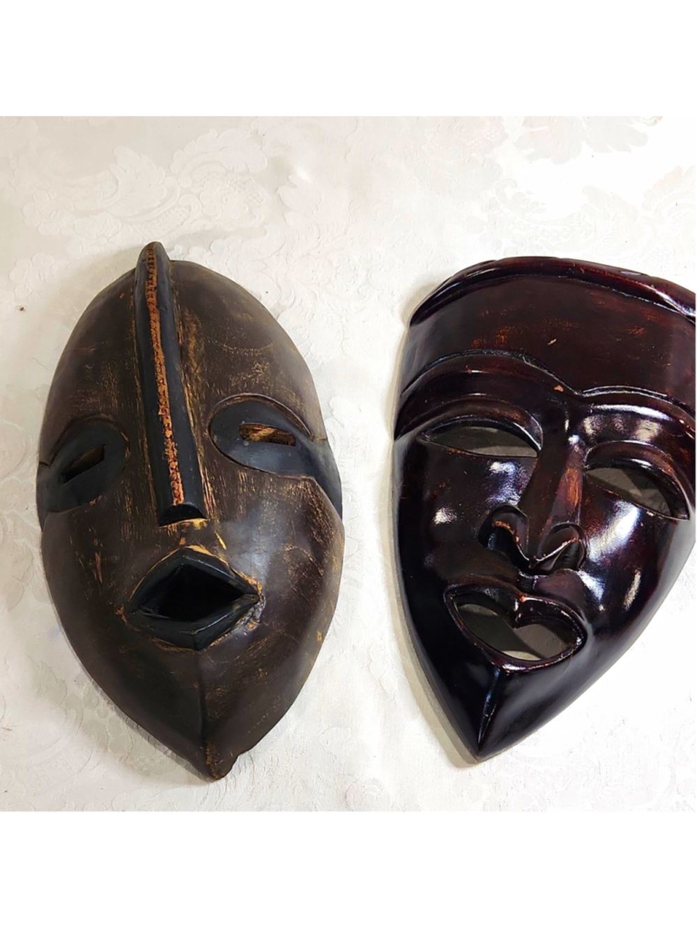 Vintage African Hand Carved Dark Wood Wall Masks - Set of 2 Tribal Sculptures